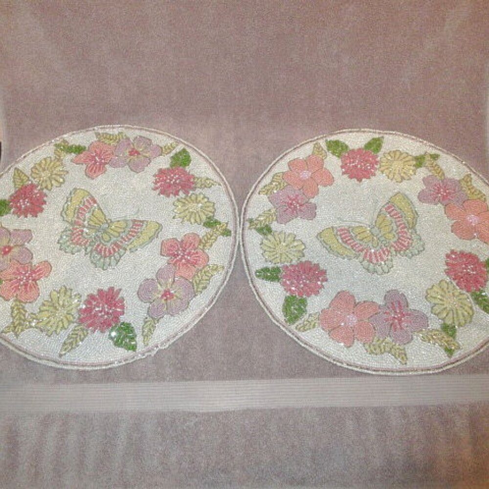 Wild Blossom Beaded Placemats Centerpiece Butterfly Flowers Round Set Of 2